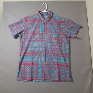 Retro Rifle Shirt Mens L Teal Pink Tribal Hawaiian Button Up Stretch High Tide